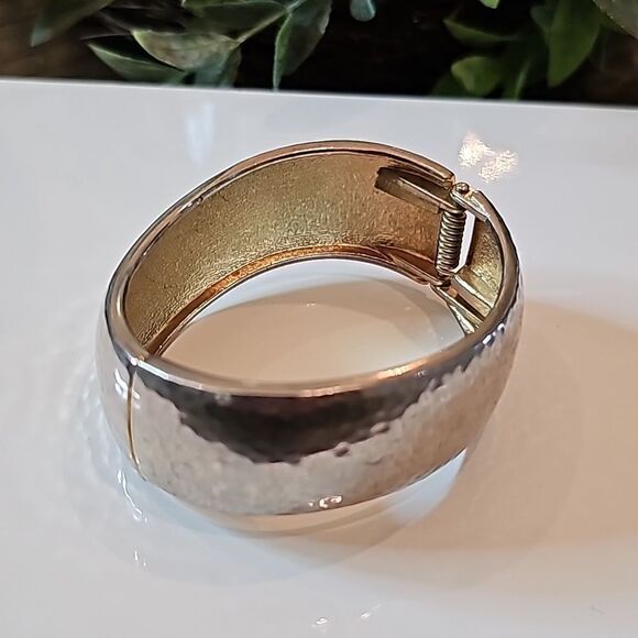 Silver gold tone textured wave design, clamper braclet - Picture 2 of 5